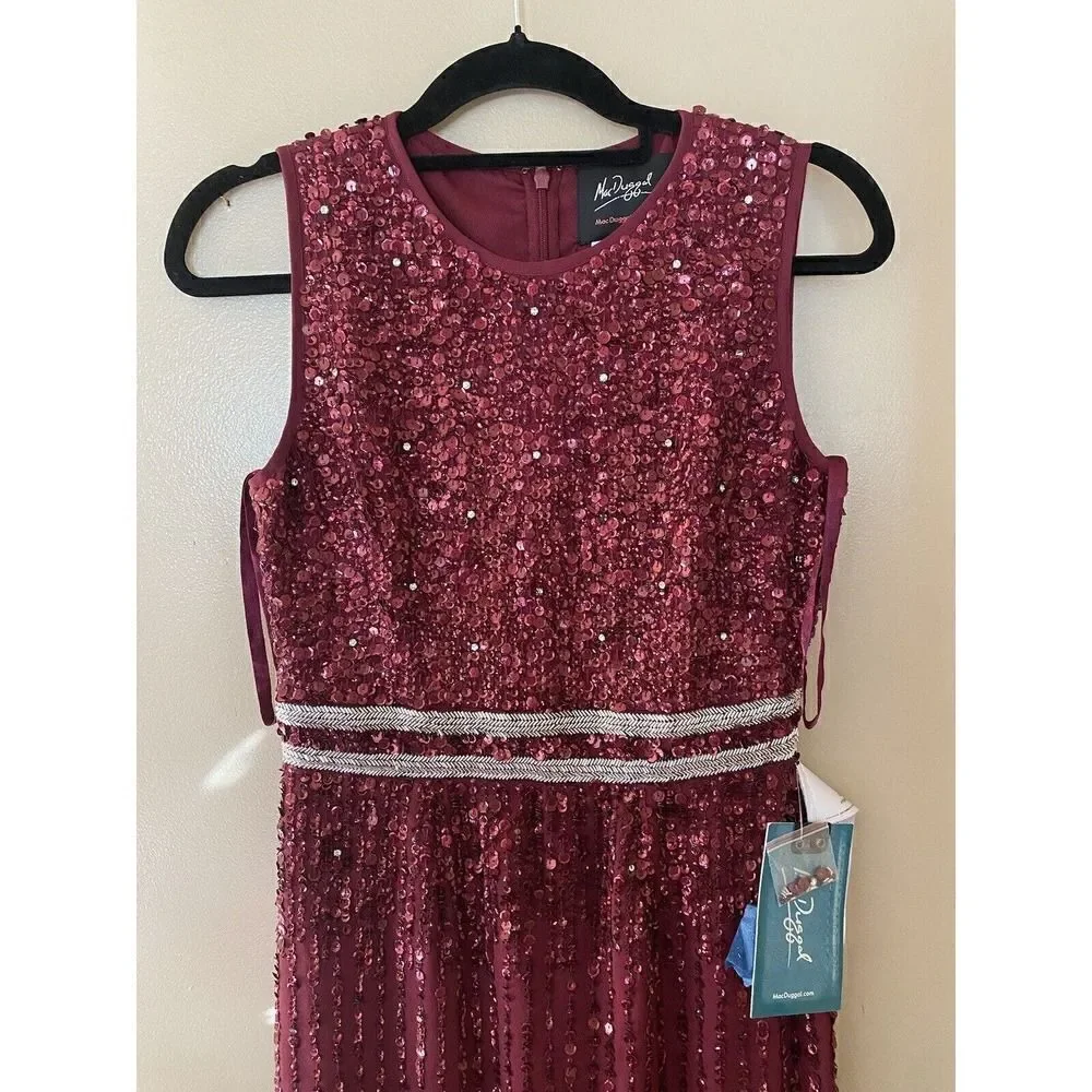 Mac Duggal Red Sequin Beaded Midi Sheath Cocktail Dress Gown Sz 6 $398 NWT 10509